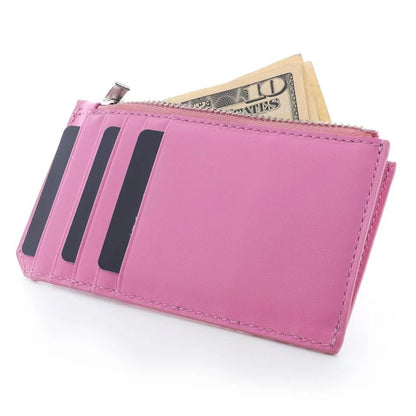 Card holder made of Natural Leather with Zipper in pink color - COLDFIRE