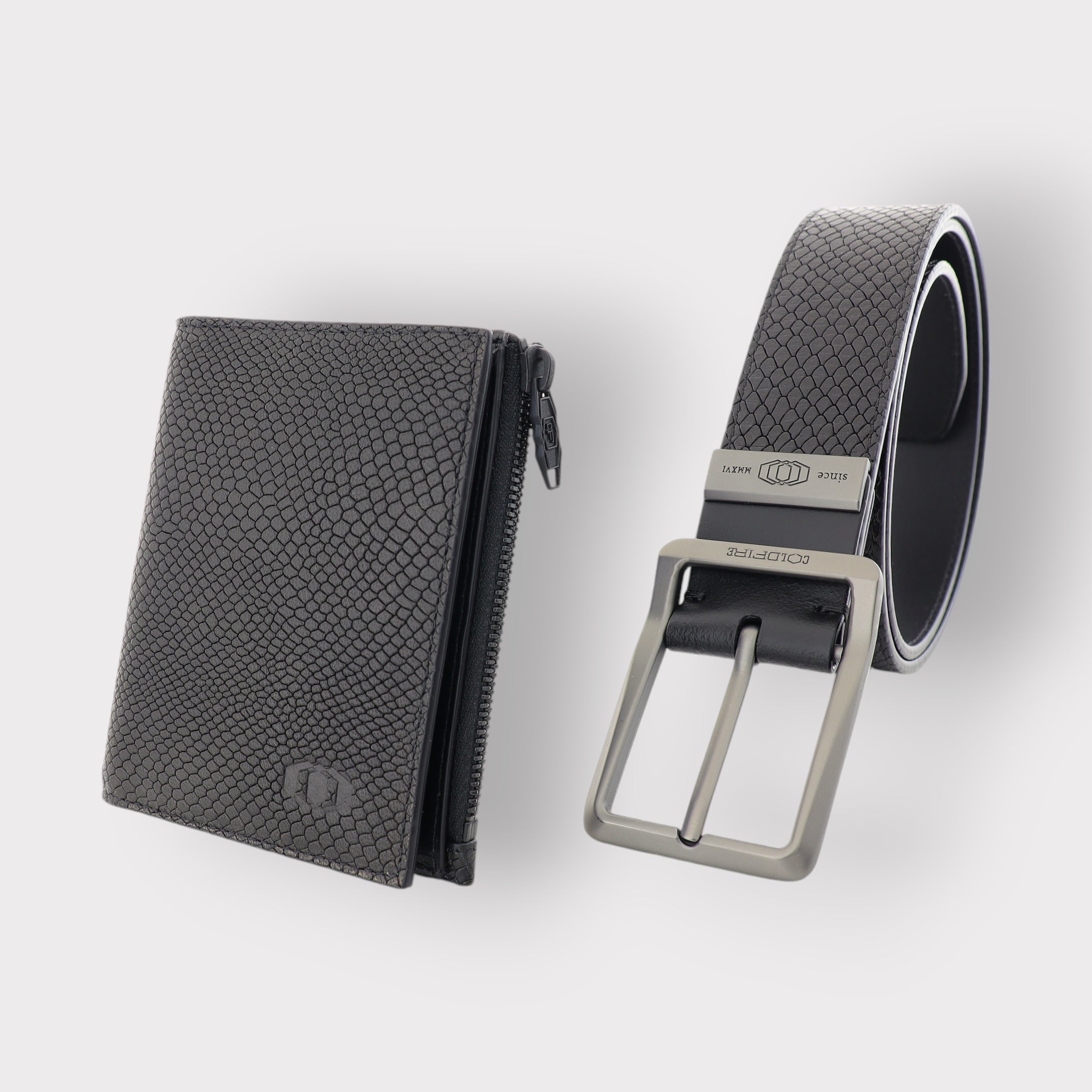 SNAKE EYE - set of mens belt and Bifold Zip Wallet with Coin Pocket - COLDFIRE