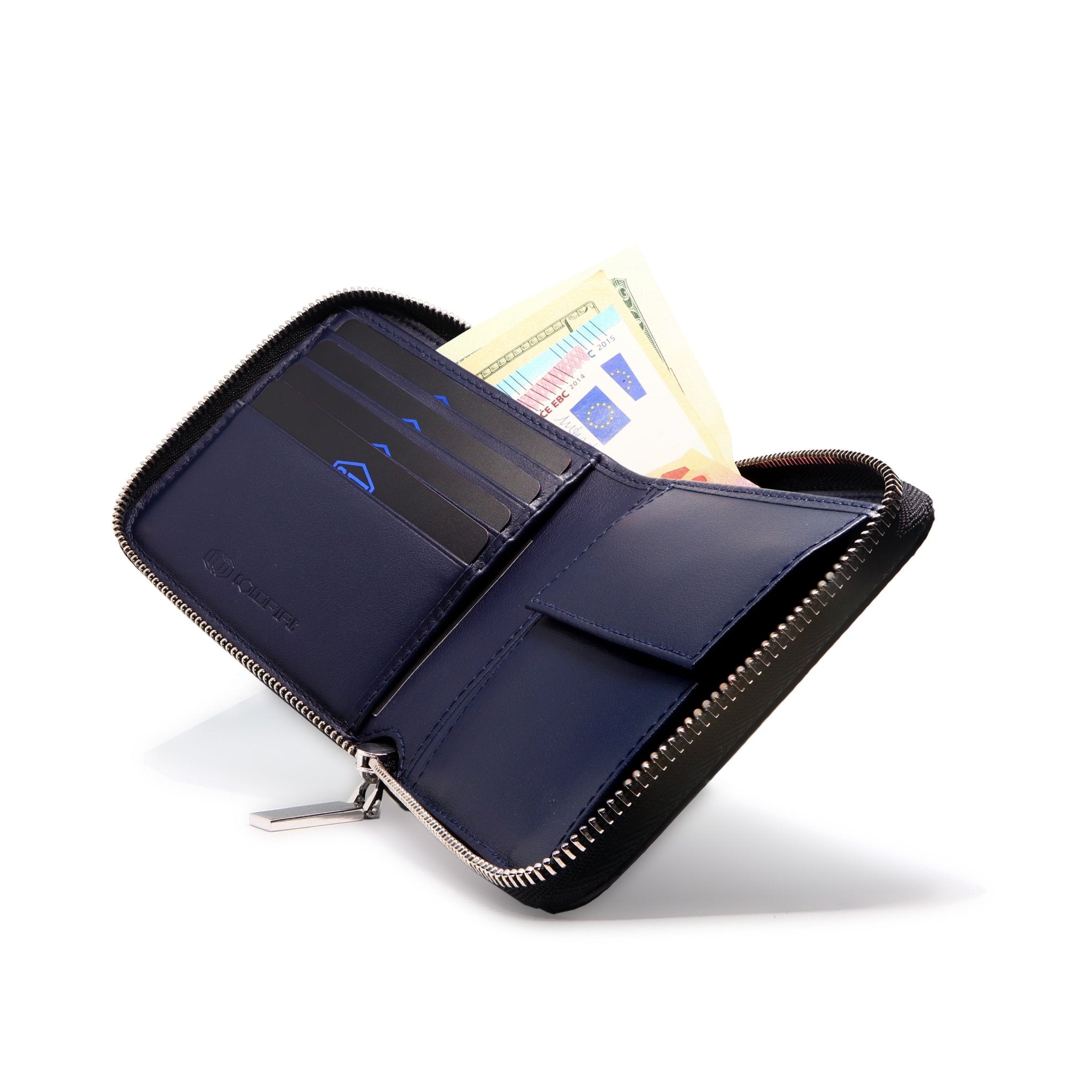 Women's Wallet with Zipper in Genuine Leather and Carbon - Blue - TE - COLDFIRE